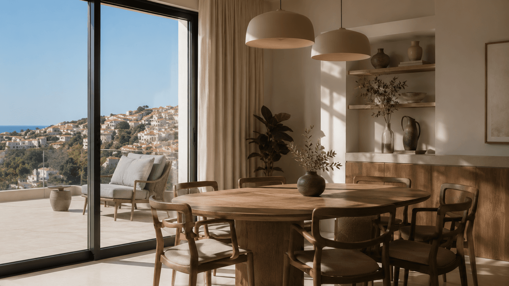Sala de jantar com vista para a colina e o mar ao fundo