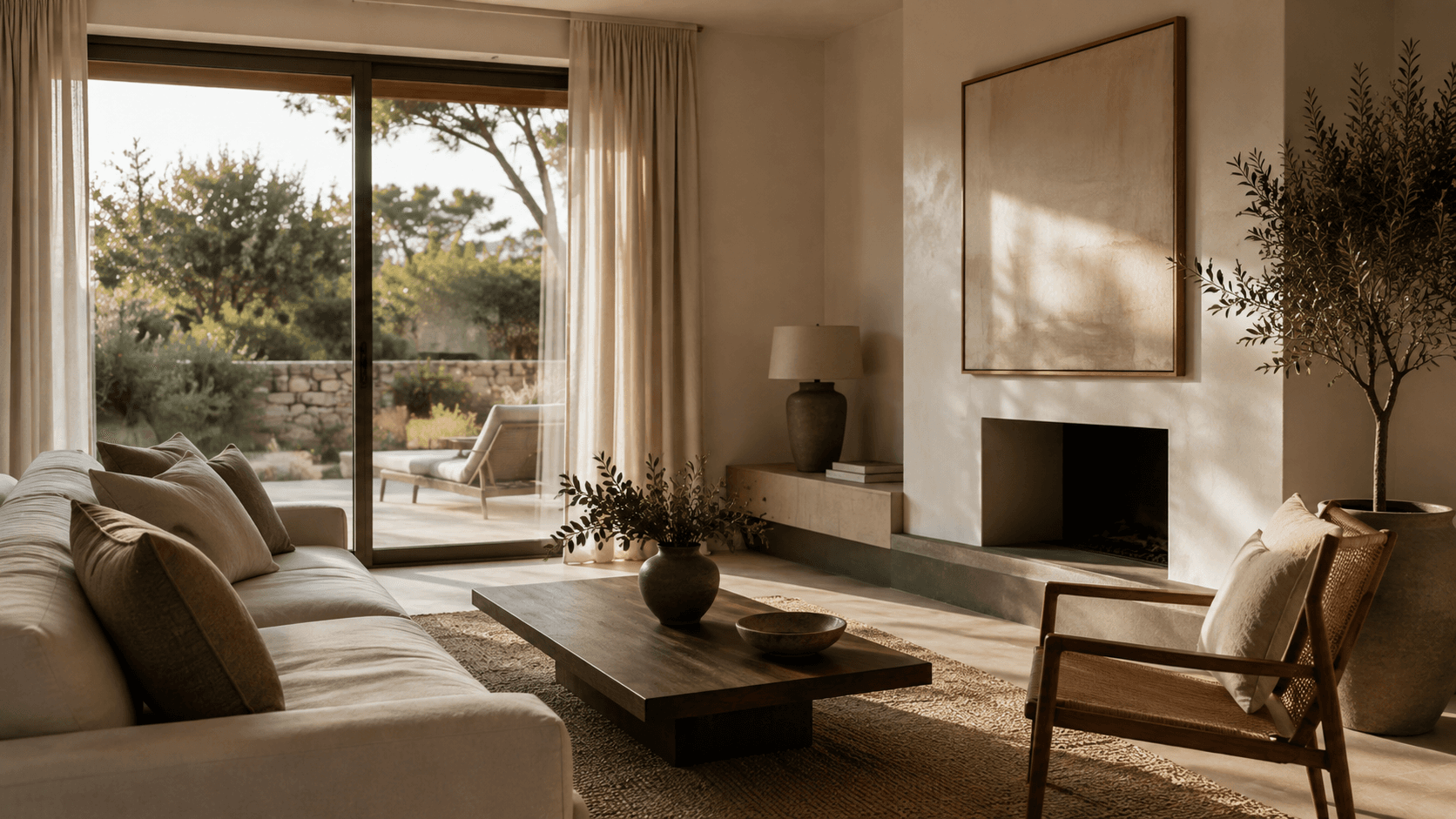 Sala de estar com lareira e vista para o jardim exterior