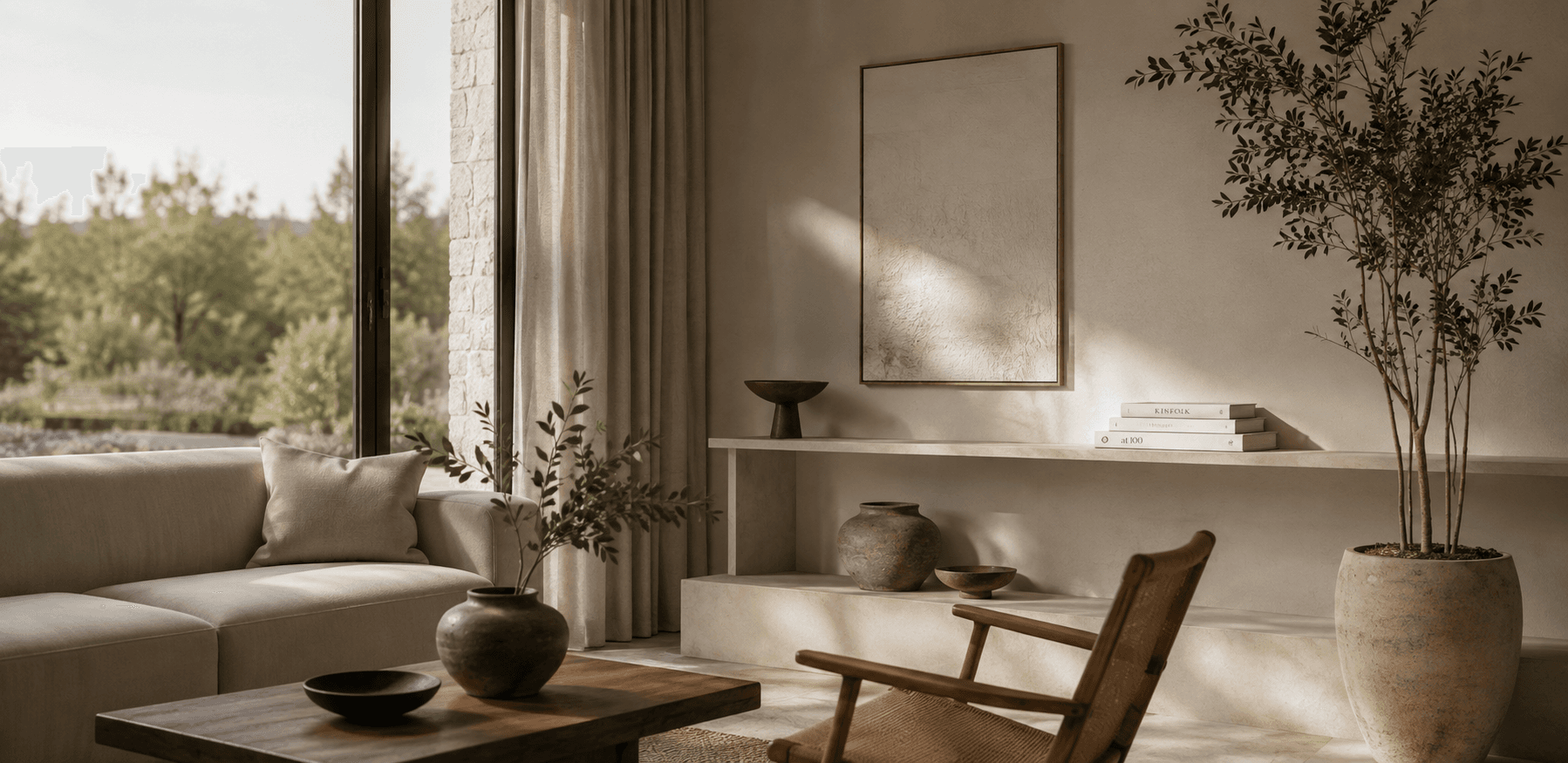Sala de estar iluminada pela luz da tarde, com vista para o jardim