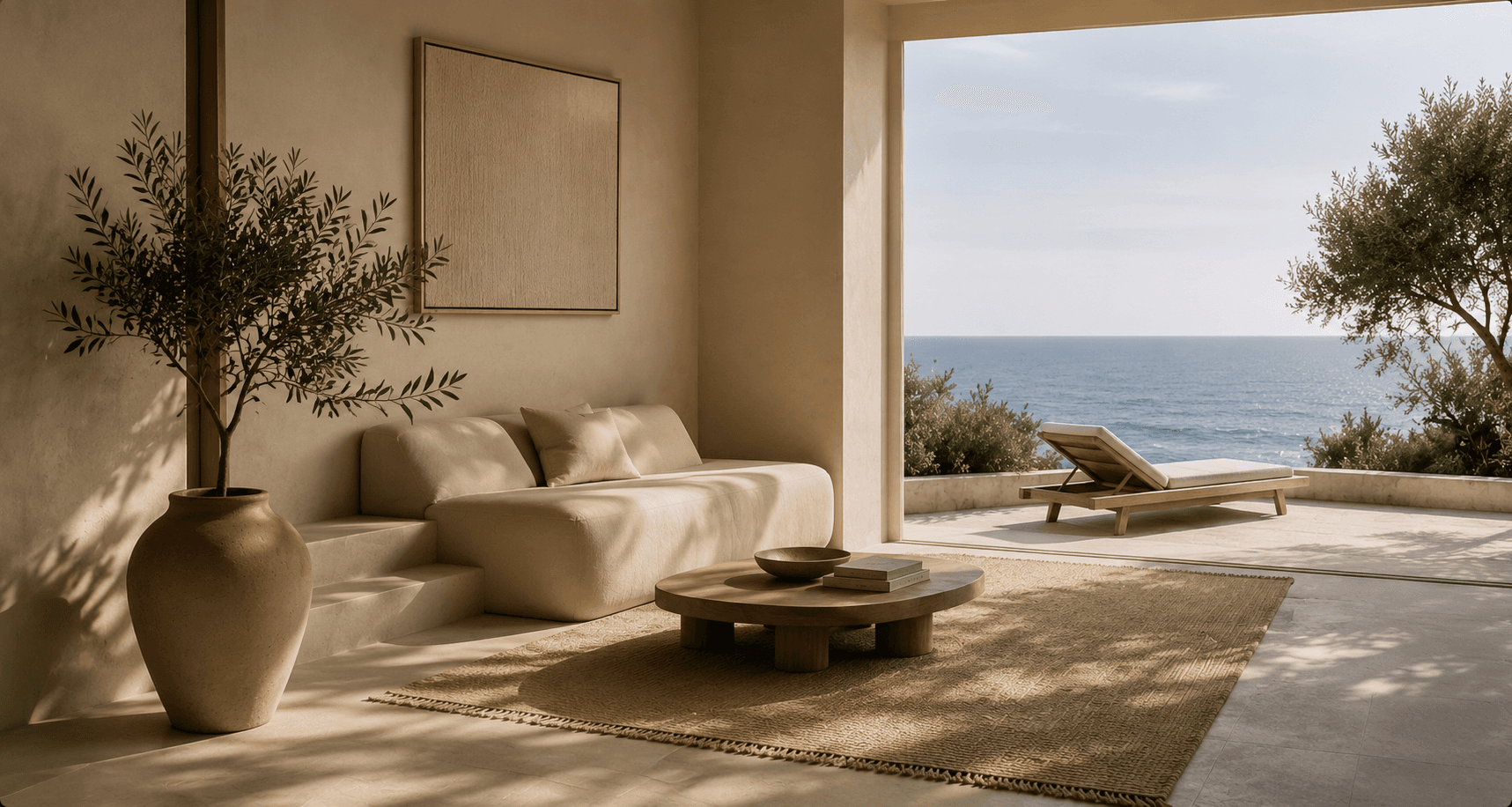 Sala de estar com vista para o mar, decoração natural em tons neutros